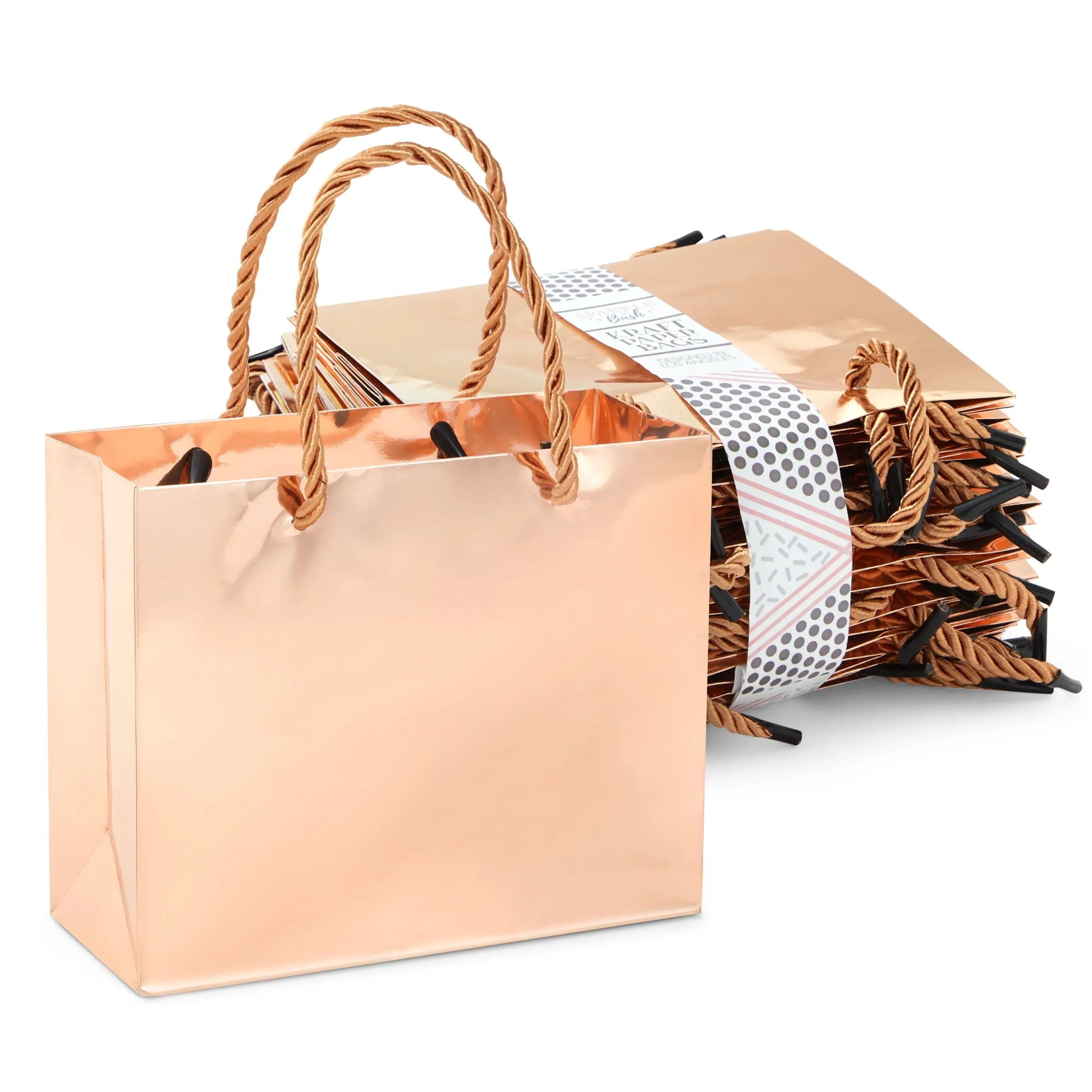 24 Pack Mini Metallic Rose Gold Gift Bags with Rope Handles, Reusable Paper Gift Bags (6 x 5 x 2.5 In)