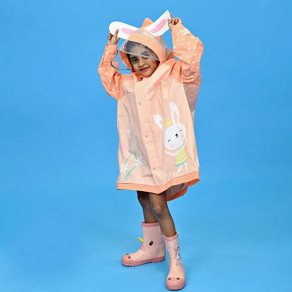 3d Bunny Orange Sleeves & Hood Knee Length Raincoat for Kids