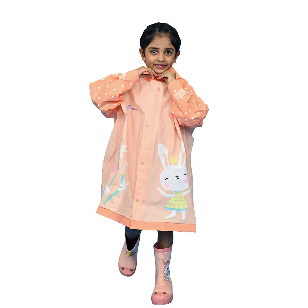 3d Bunny Orange Sleeves & Hood Knee Length Raincoat for Kids