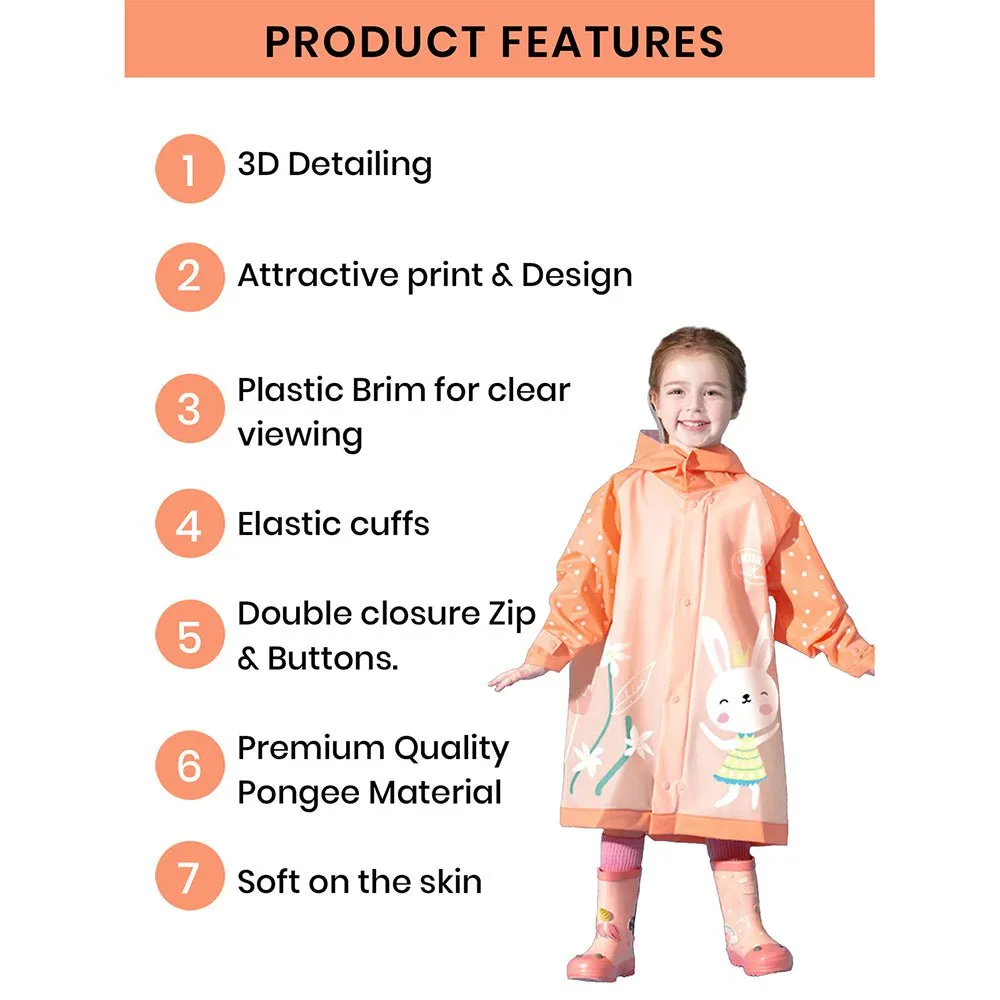 3d Bunny Orange Sleeves & Hood Knee Length Raincoat for Kids