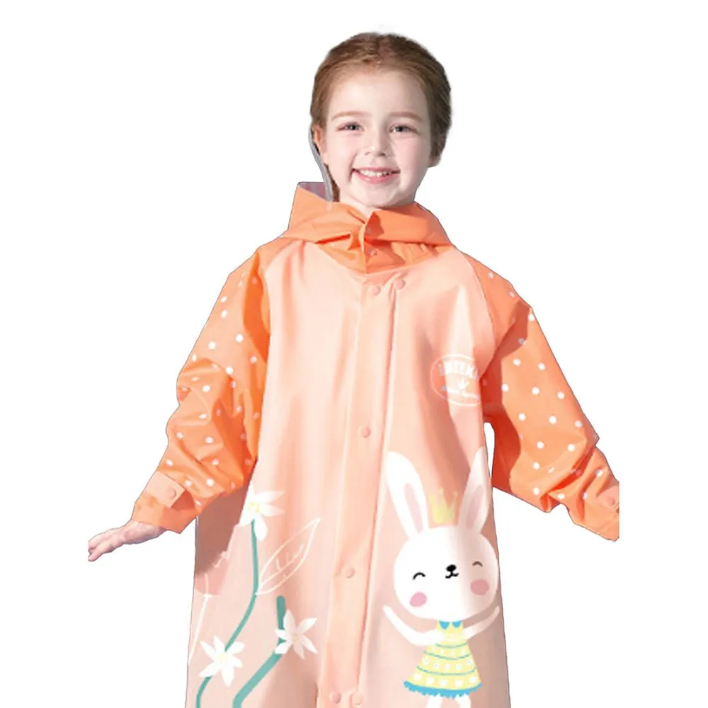 3d Bunny Orange Sleeves & Hood Knee Length Raincoat for Kids