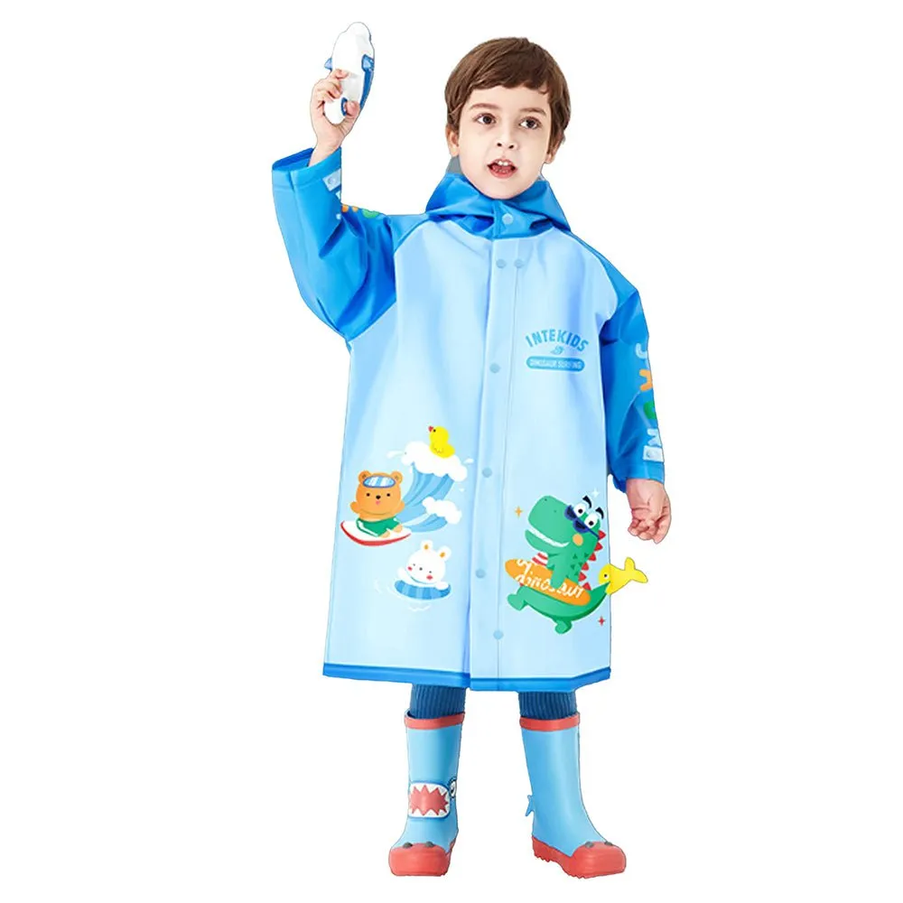 3d Dino Blue Sleeves & Hood Knee Length Raincoat for Kids