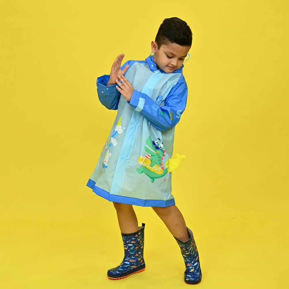 3d Dino Blue Sleeves & Hood Knee Length Raincoat for Kids