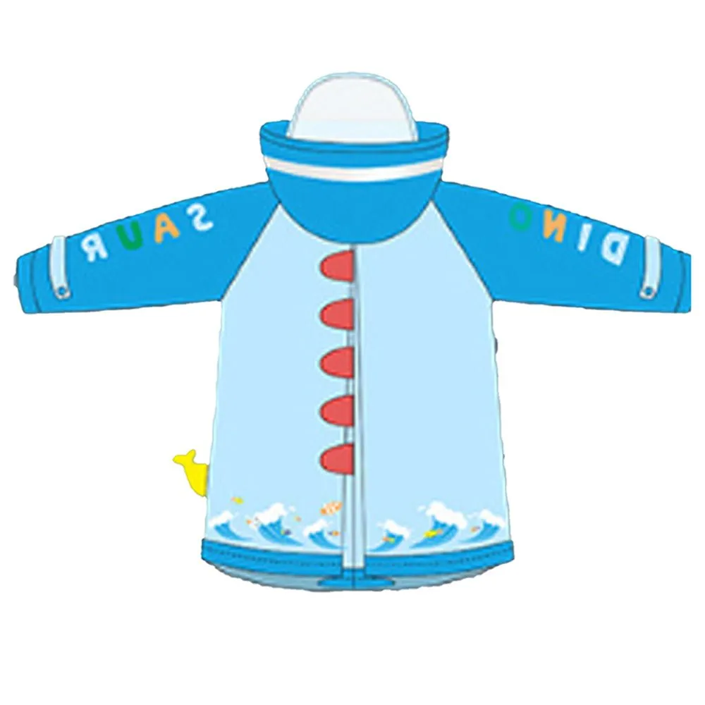 3d Dino Blue Sleeves & Hood Knee Length Raincoat for Kids