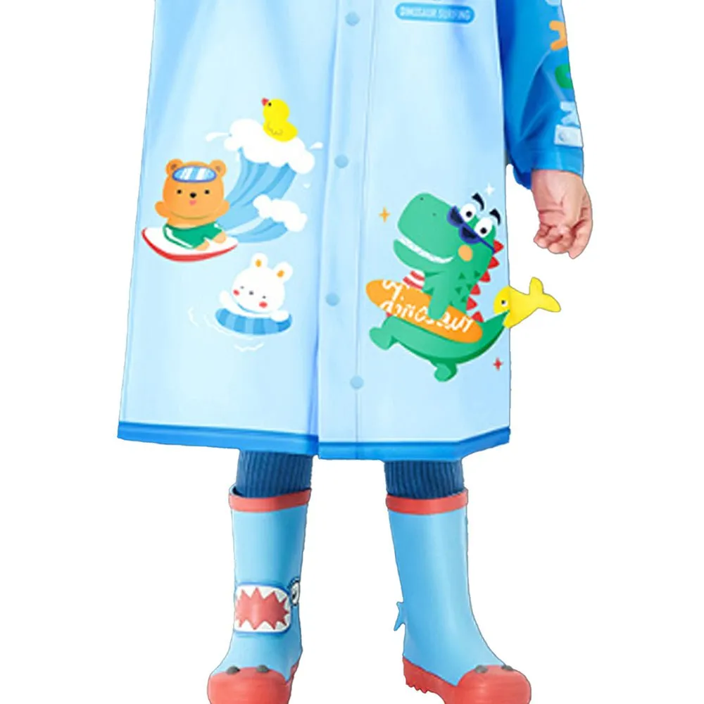 3d Dino Blue Sleeves & Hood Knee Length Raincoat for Kids