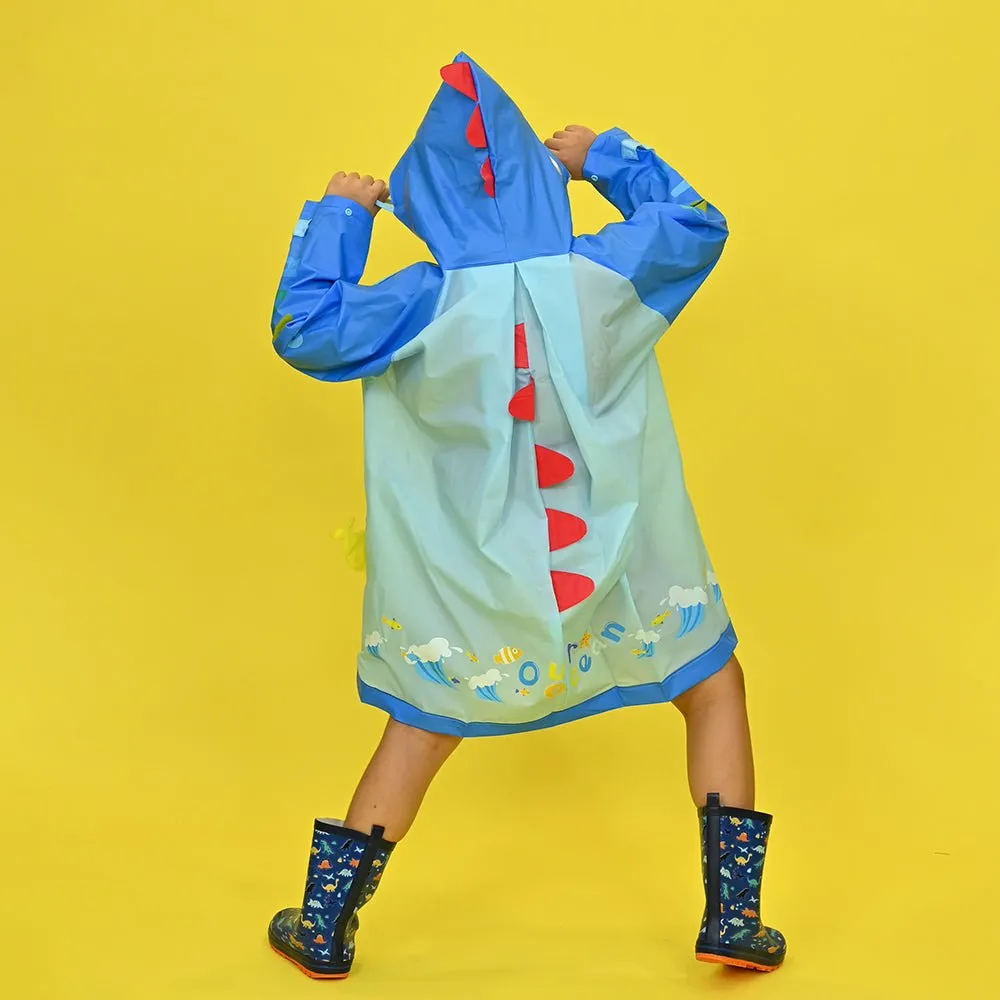 3d Dino Blue Sleeves & Hood Knee Length Raincoat for Kids