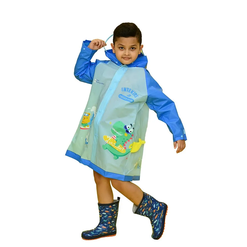 3d Dino Blue Sleeves & Hood Knee Length Raincoat for Kids