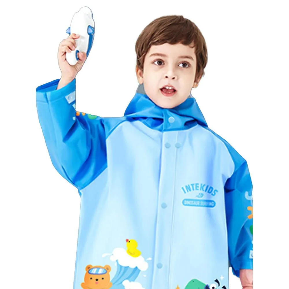 3d Dino Blue Sleeves & Hood Knee Length Raincoat for Kids