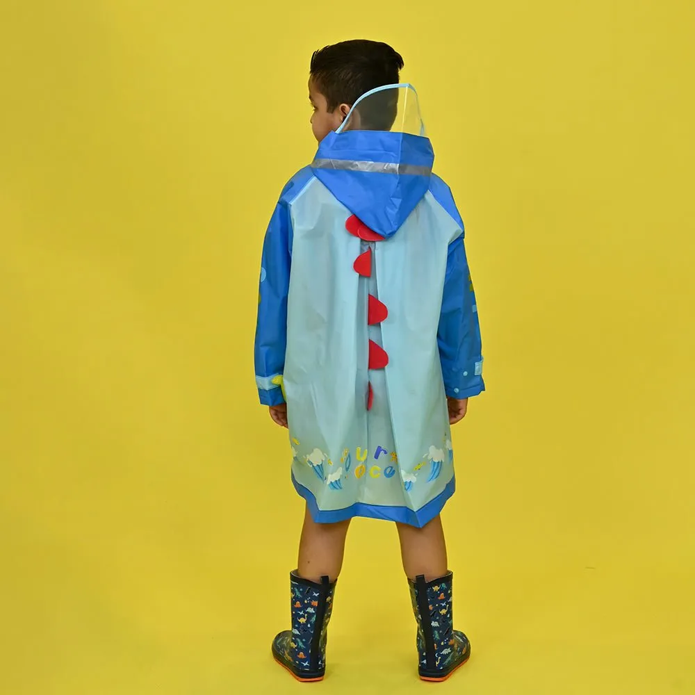 3d Dino Blue Sleeves & Hood Knee Length Raincoat for Kids