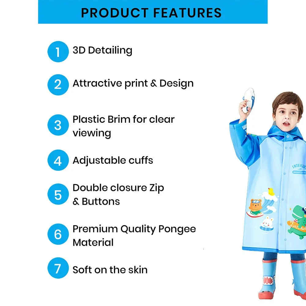 3d Dino Blue Sleeves & Hood Knee Length Raincoat for Kids