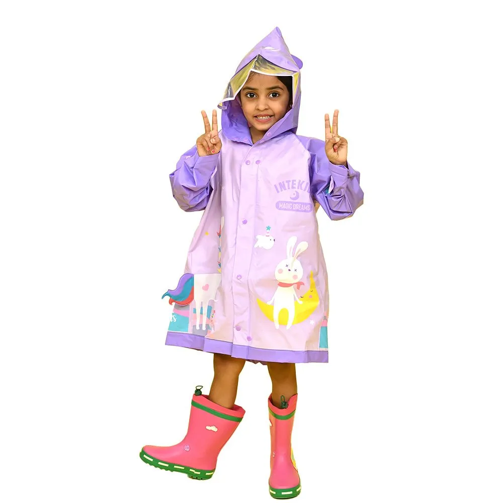 3d Unicorn Lilac Sleeves & Hood Knee Length Raincoat for Kids