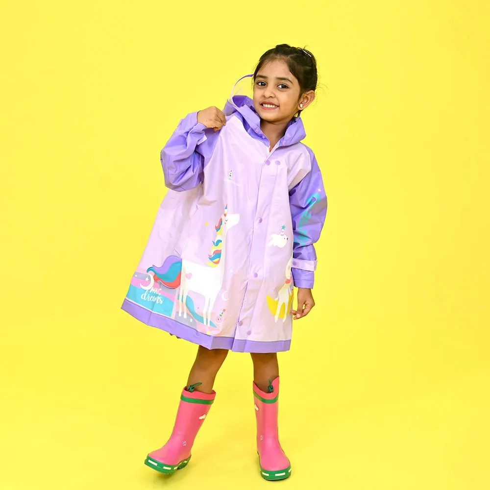 3d Unicorn Lilac Sleeves & Hood Knee Length Raincoat for Kids