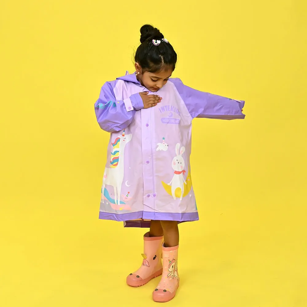 3d Unicorn Lilac Sleeves & Hood Knee Length Raincoat for Kids