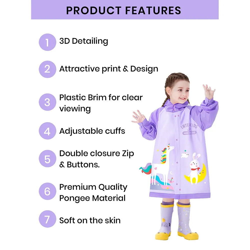 3d Unicorn Lilac Sleeves & Hood Knee Length Raincoat for Kids