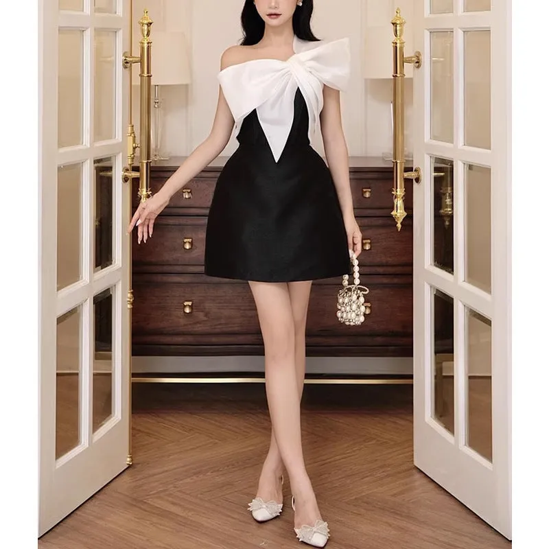 Amozae avant garde dress to impress Niche Design Contrast Color Slim Dress for Women 2024 New High-Grade Three-Dimensional Bow Collar Dress