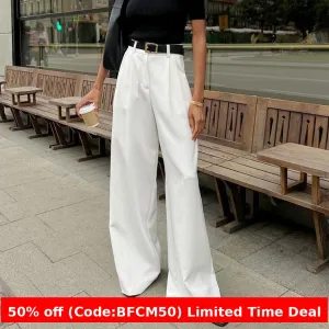 Amozae business casual outfits Pure White Trousers for Women 2024 Autumn and Winter High Waist Wide-Leg Pants Elegant Commuter Casual Trousers