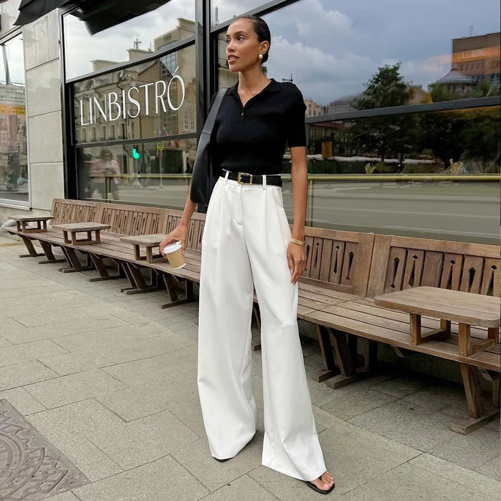 Amozae business casual outfits Pure White Trousers for Women 2024 Autumn and Winter High Waist Wide-Leg Pants Elegant Commuter Casual Trousers