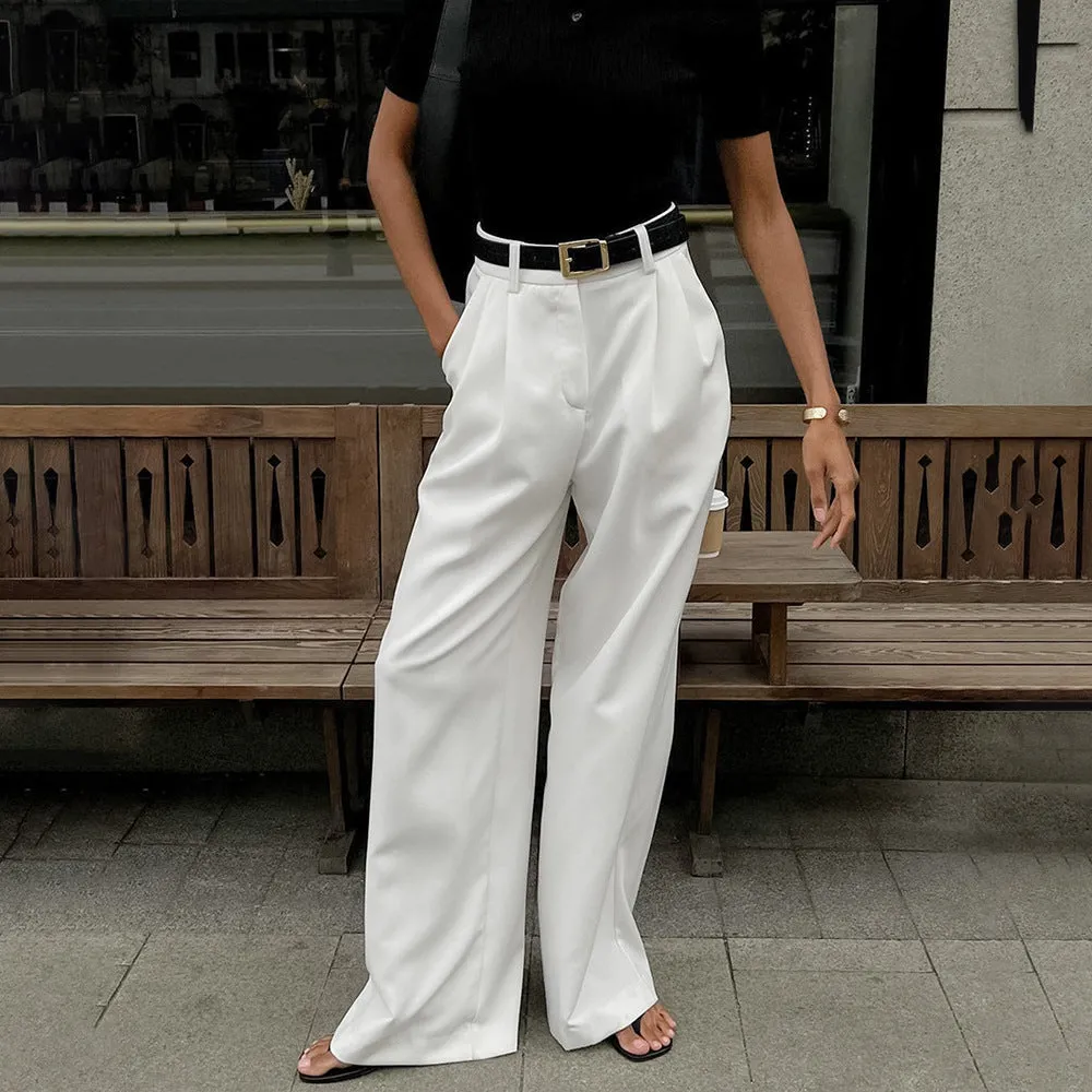 Amozae business casual outfits Pure White Trousers for Women 2024 Autumn and Winter High Waist Wide-Leg Pants Elegant Commuter Casual Trousers