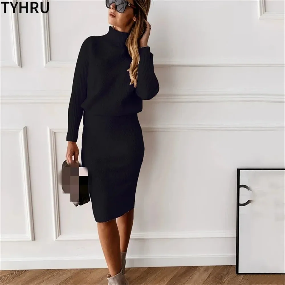 Autumn Women's Turtleneck Knitted Sweater   Slim Skirt Set 2-Piece