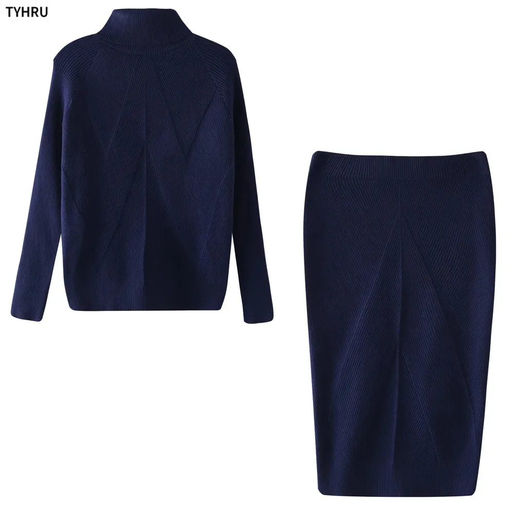 Autumn Women's Turtleneck Knitted Sweater   Slim Skirt Set 2-Piece