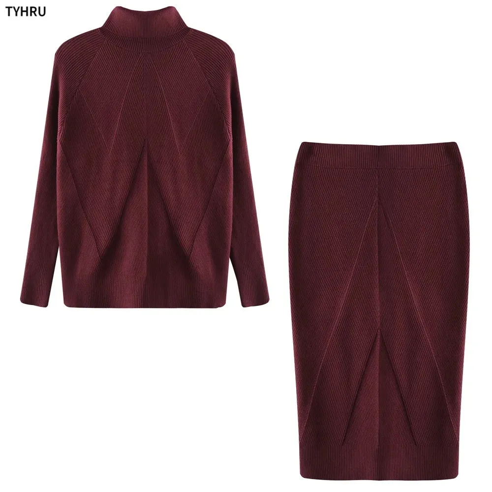 Autumn Women's Turtleneck Knitted Sweater   Slim Skirt Set 2-Piece