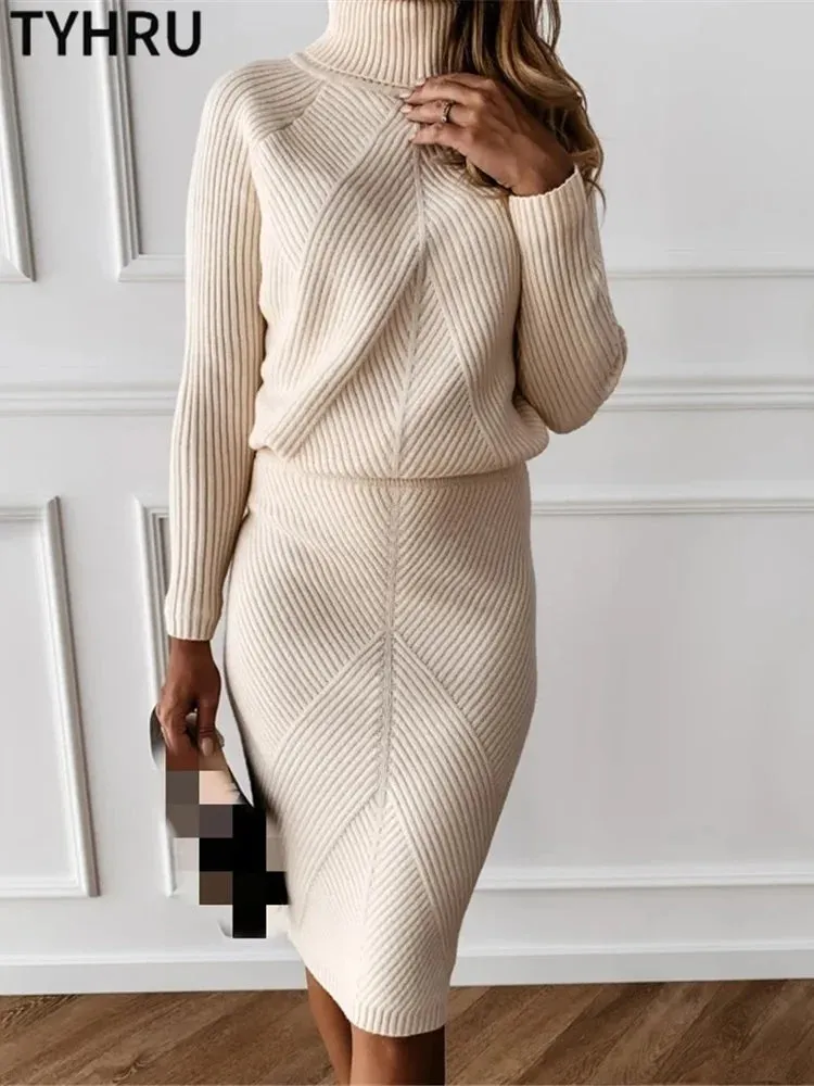 Autumn Women's Turtleneck Knitted Sweater   Slim Skirt Set 2-Piece