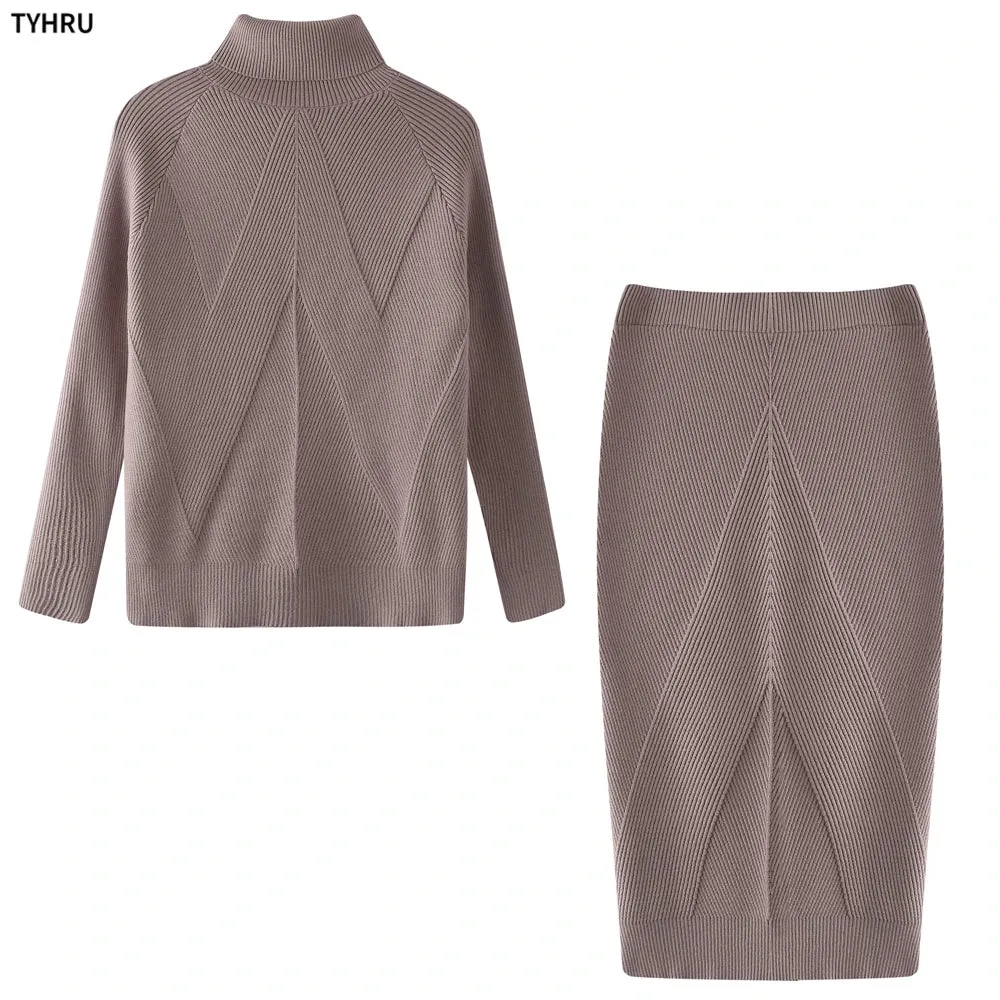 Autumn Women's Turtleneck Knitted Sweater   Slim Skirt Set 2-Piece