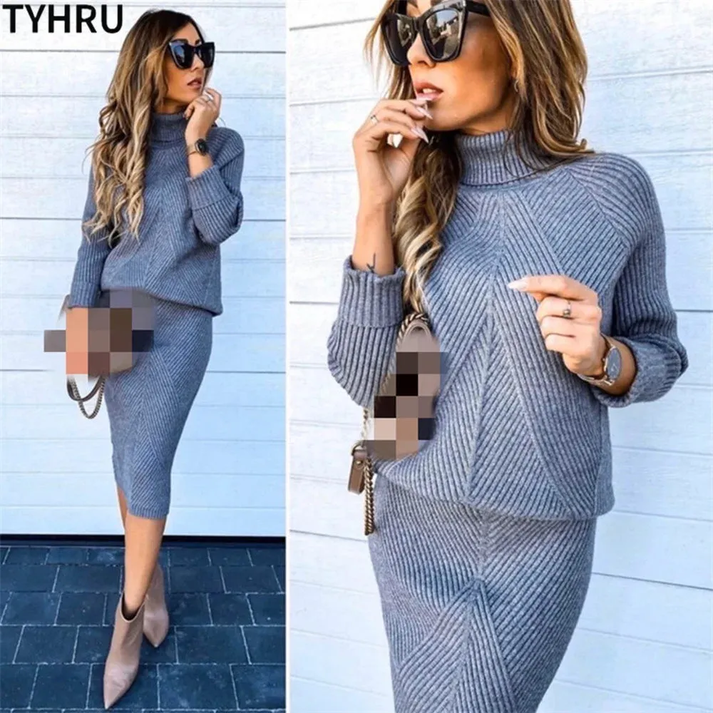 Autumn Women's Turtleneck Knitted Sweater   Slim Skirt Set 2-Piece