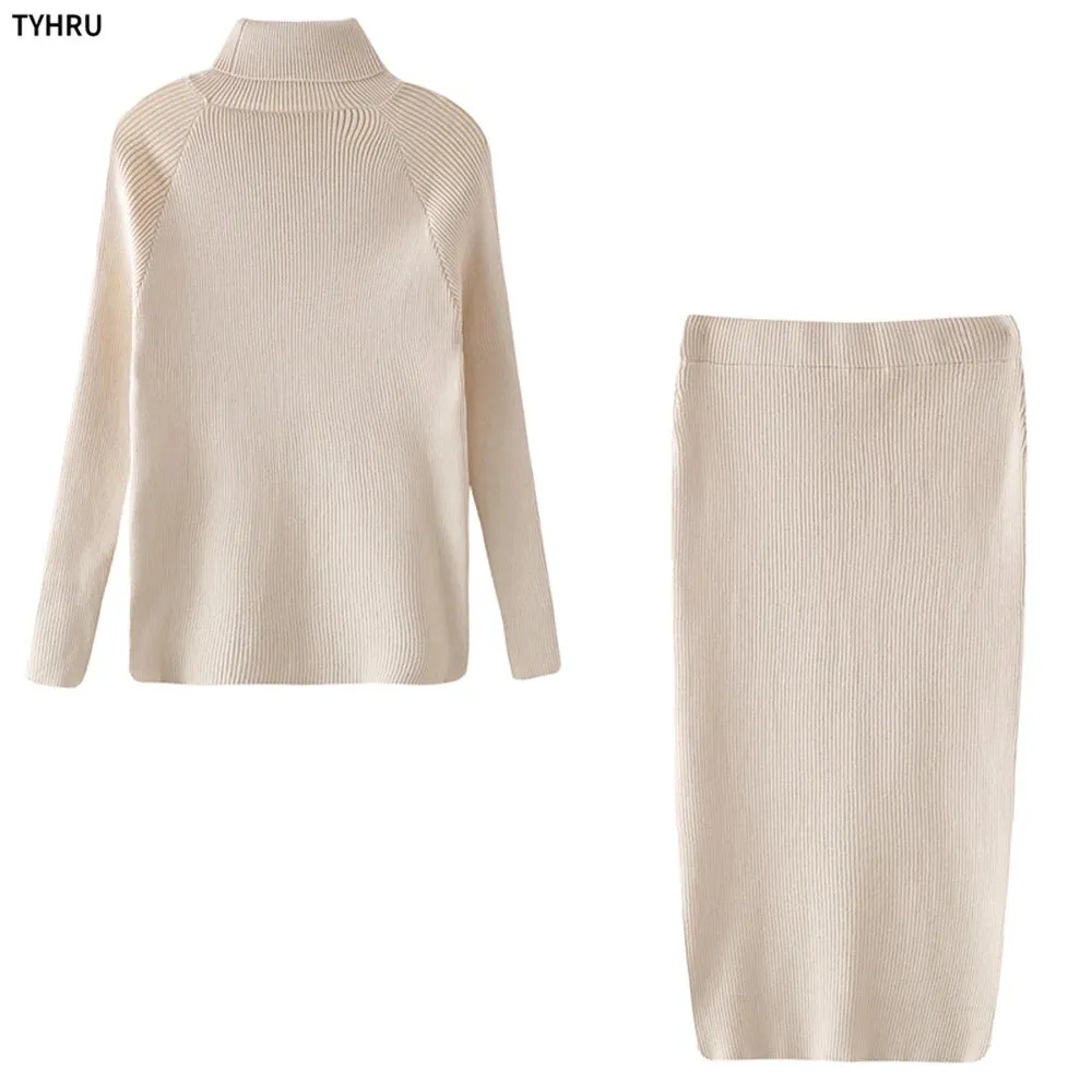 Autumn Women's Turtleneck Knitted Sweater   Slim Skirt Set 2-Piece