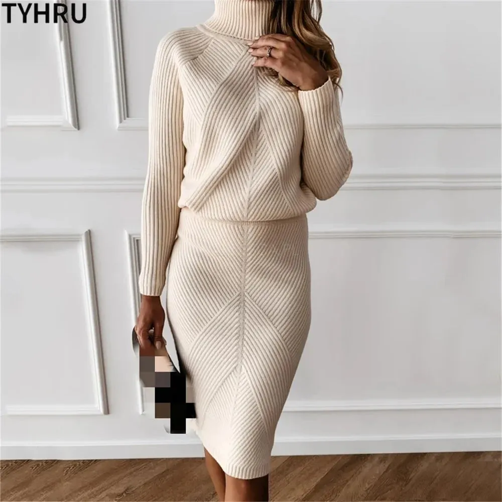 Autumn Women's Turtleneck Knitted Sweater   Slim Skirt Set 2-Piece