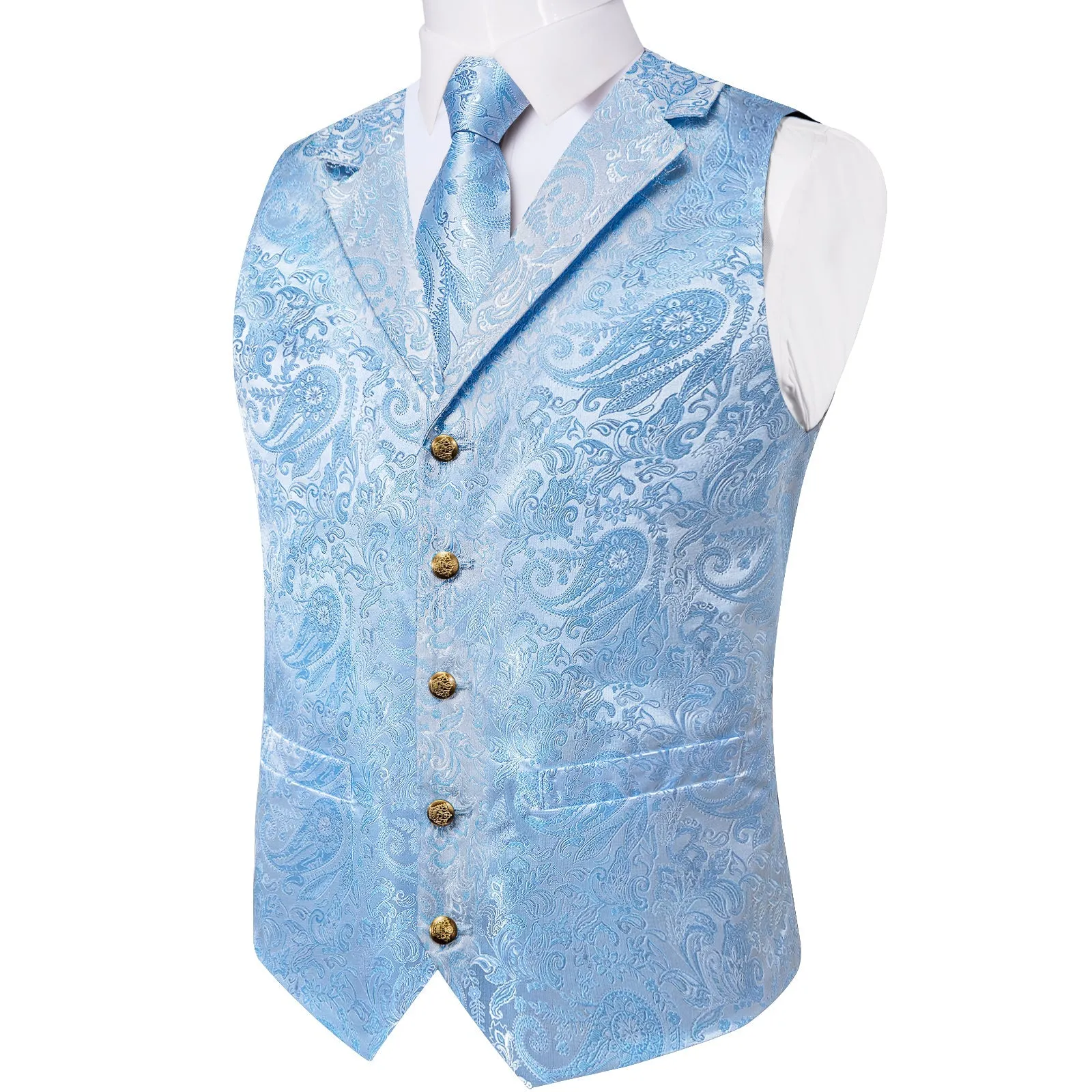 Baby Blue Luxury Paisley Jacquard Men's Collar Vest Tie Hanky Cufflinks Suit Set