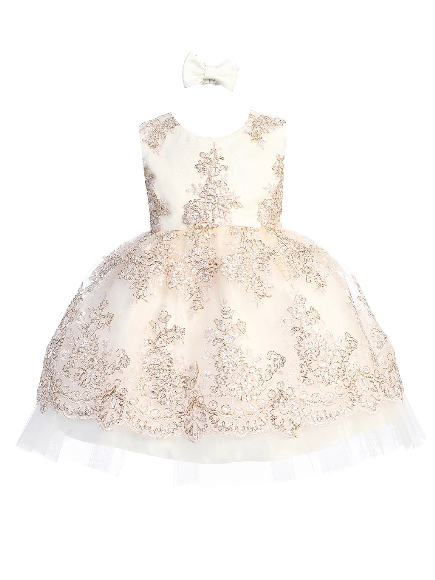 Baby Girls Blush Metallic Lace Overlay Tulle Flower Girl Dress 6-24M