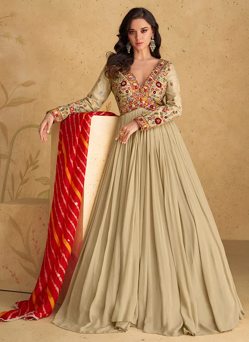 Beige and Red Handwork Embroidered Anarkali Gown Dress