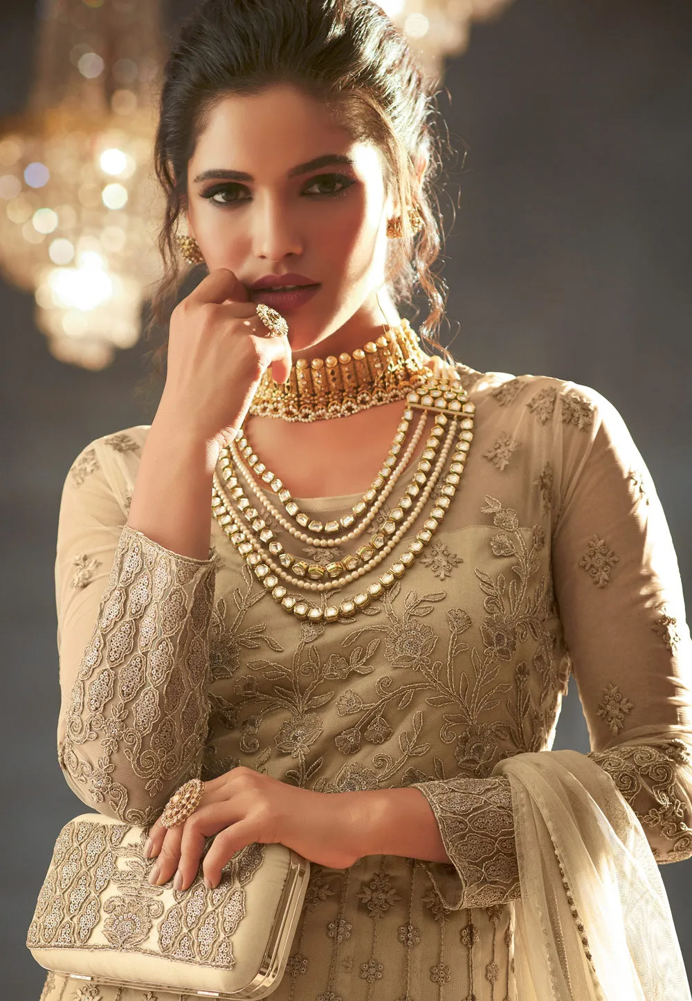 Beige Golden Embroidered Anarkali Gown