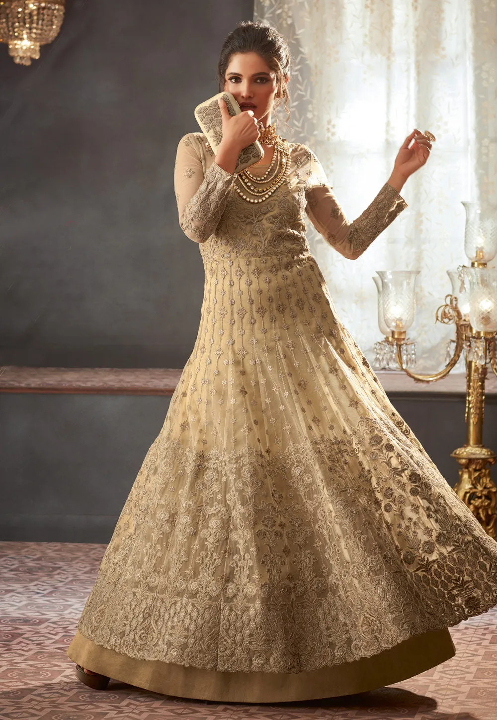 Beige Golden Embroidered Anarkali Gown