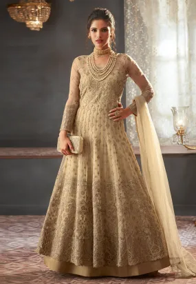 Beige Golden Embroidered Anarkali Gown