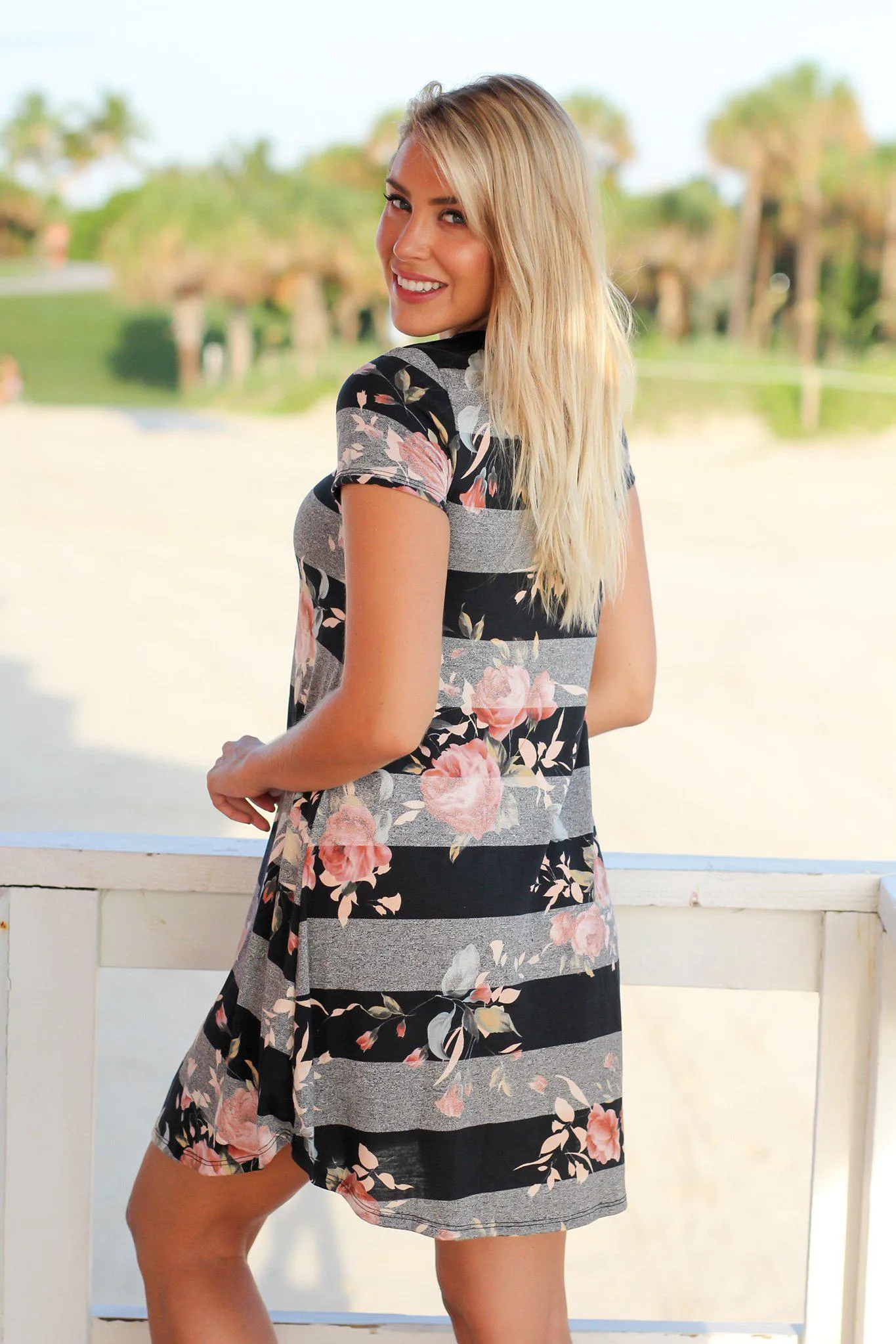 Black and Charcoal Floral Striped Criss Cross Short Dress