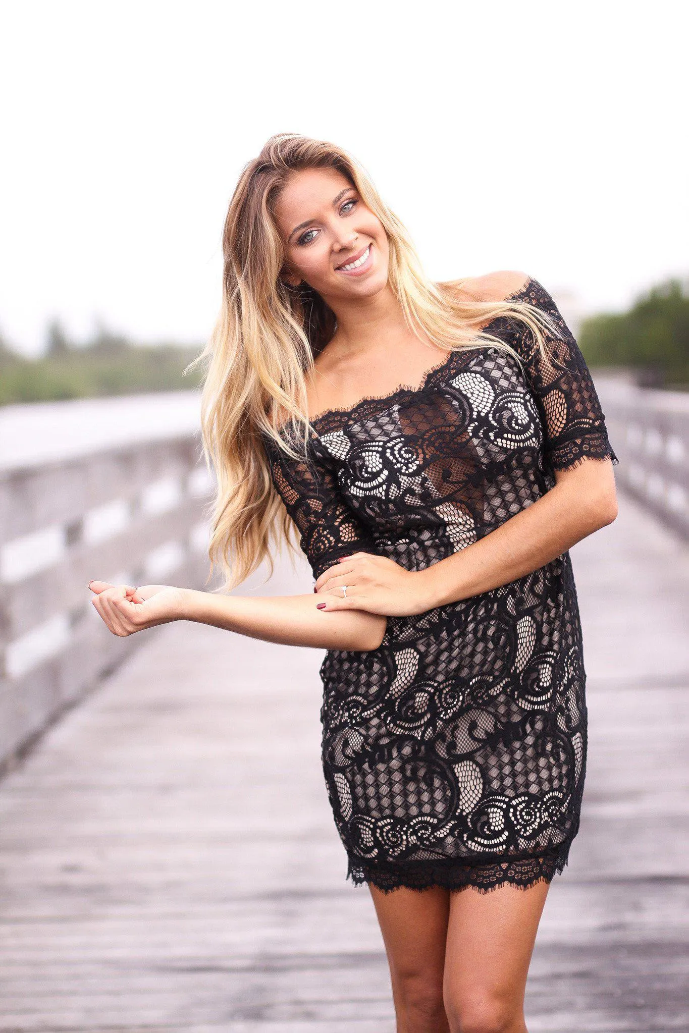 Black and Nude Lace Off Shoulder Short Dress