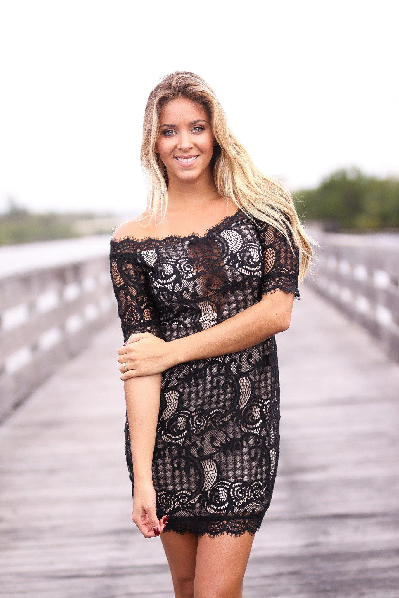 Black and Nude Lace Off Shoulder Short Dress