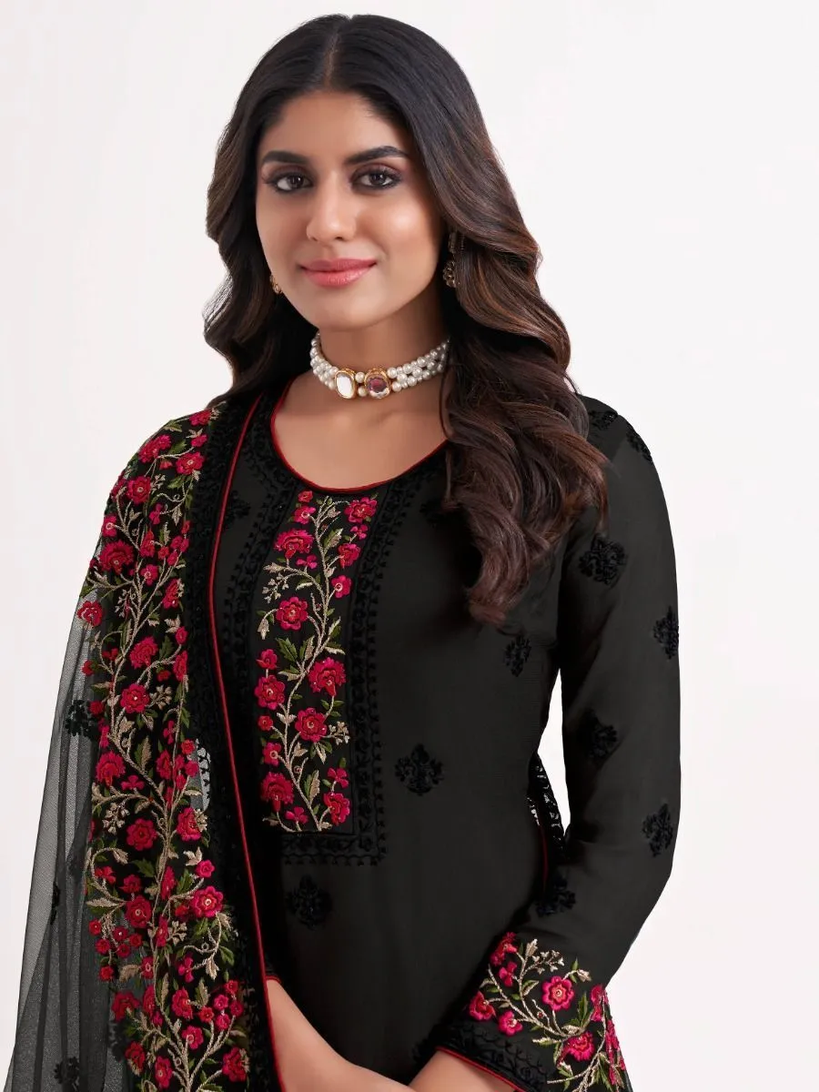 Black Georgette Multi Color Thread Embroidered Suit Set with Net Dupatta