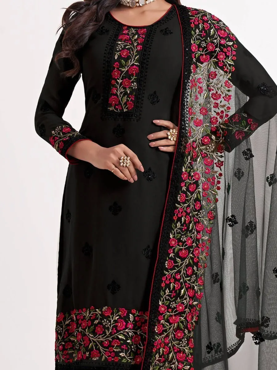 Black Georgette Multi Color Thread Embroidered Suit Set with Net Dupatta