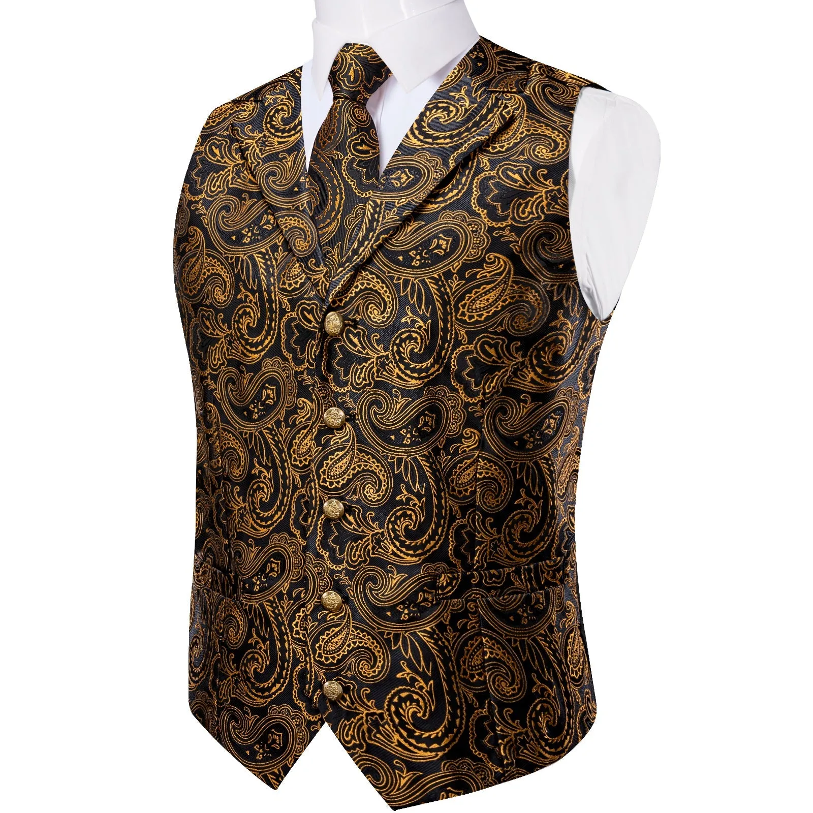 Black Gold Luxury Paisley Jacquard Men's Collar Vest Tie Hanky Cufflinks Suit Set