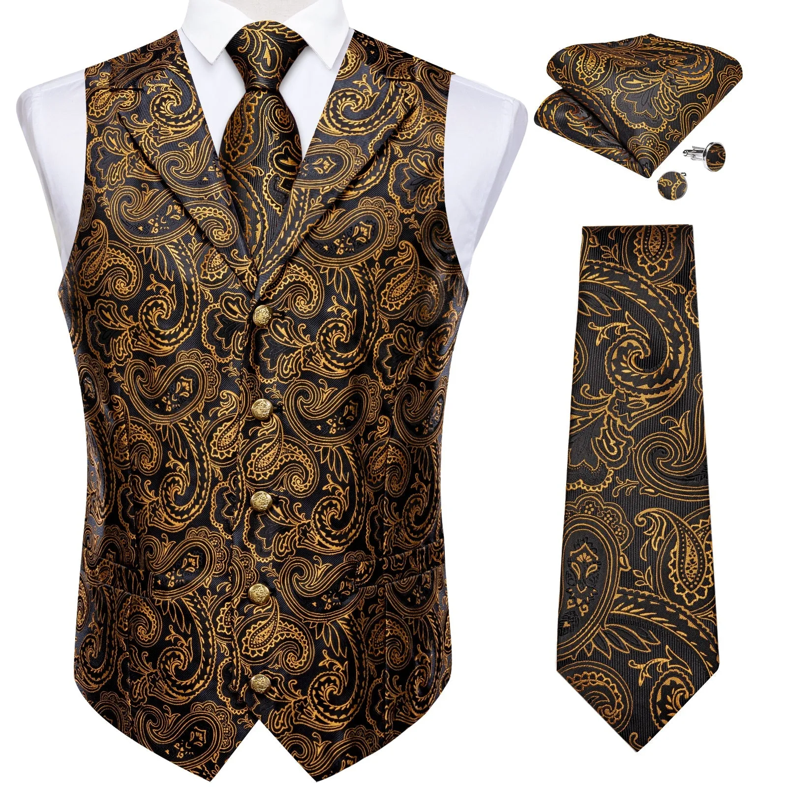 Black Gold Luxury Paisley Jacquard Men's Collar Vest Tie Hanky Cufflinks Suit Set