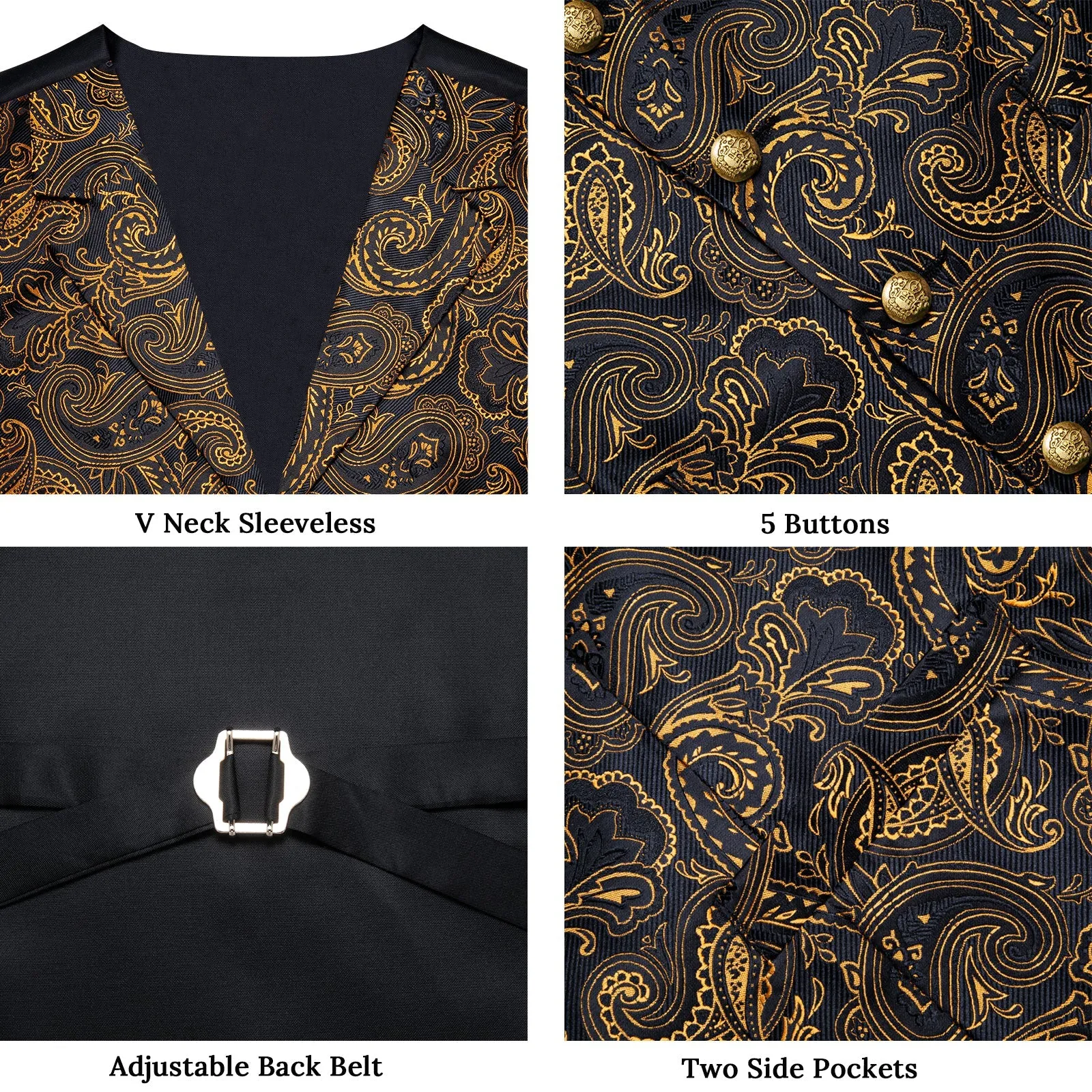 Black Gold Luxury Paisley Jacquard Men's Collar Vest Tie Hanky Cufflinks Suit Set