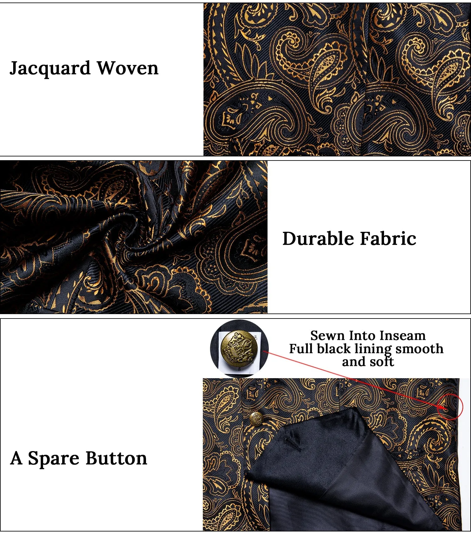 Black Gold Luxury Paisley Jacquard Men's Collar Vest Tie Hanky Cufflinks Suit Set