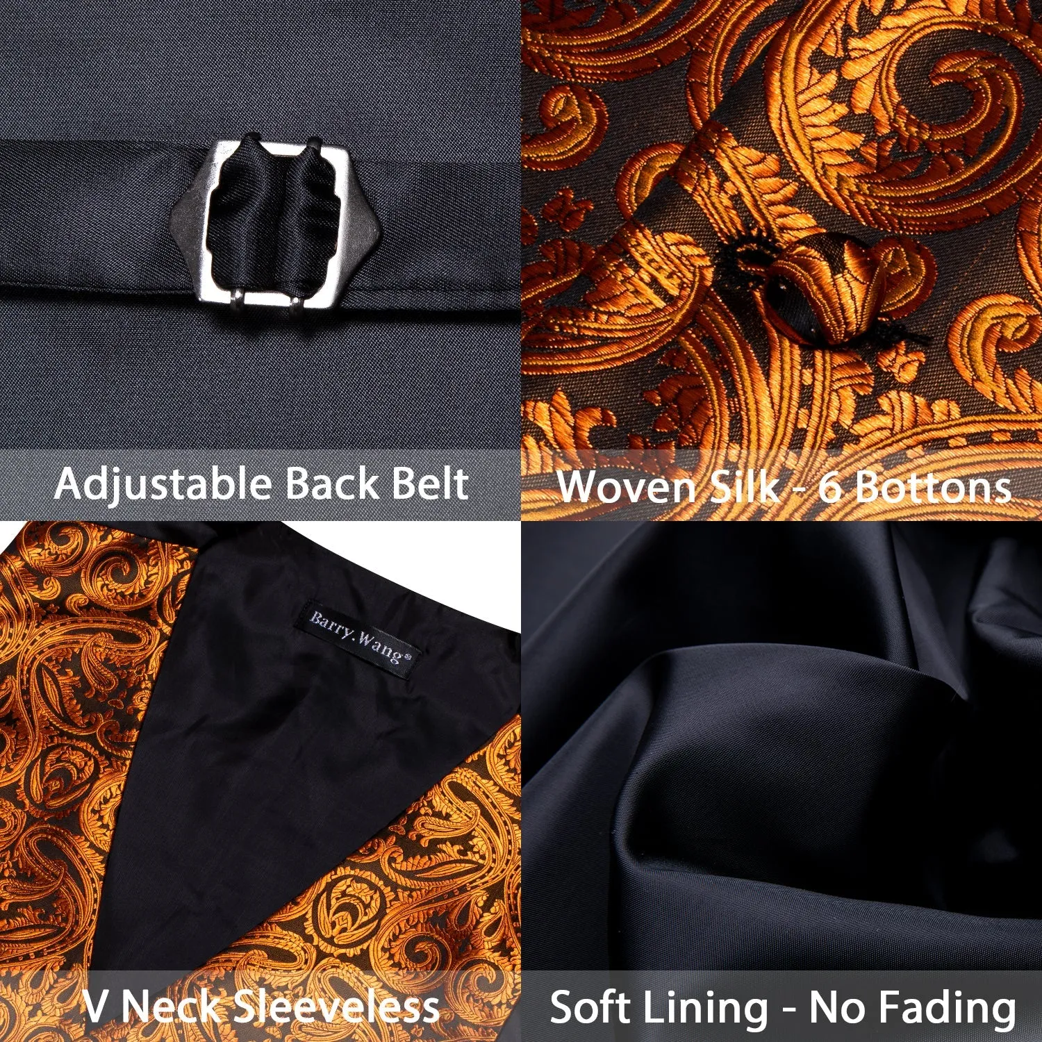 Black Gold Paisley Silk Luxury Men's Vest Hanky Cufflinks Tie Set