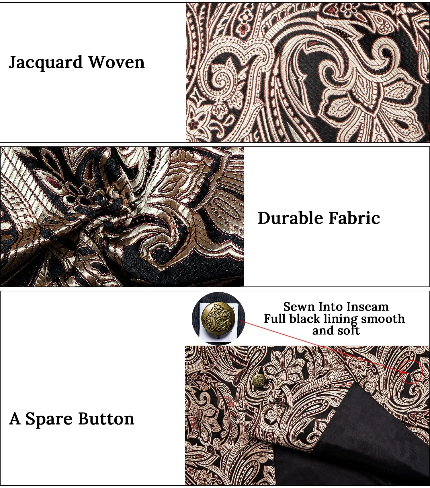 Black Gold Pink Floral Jacquard Luxury Men's Vest Tie Hanky Cufflinks Set