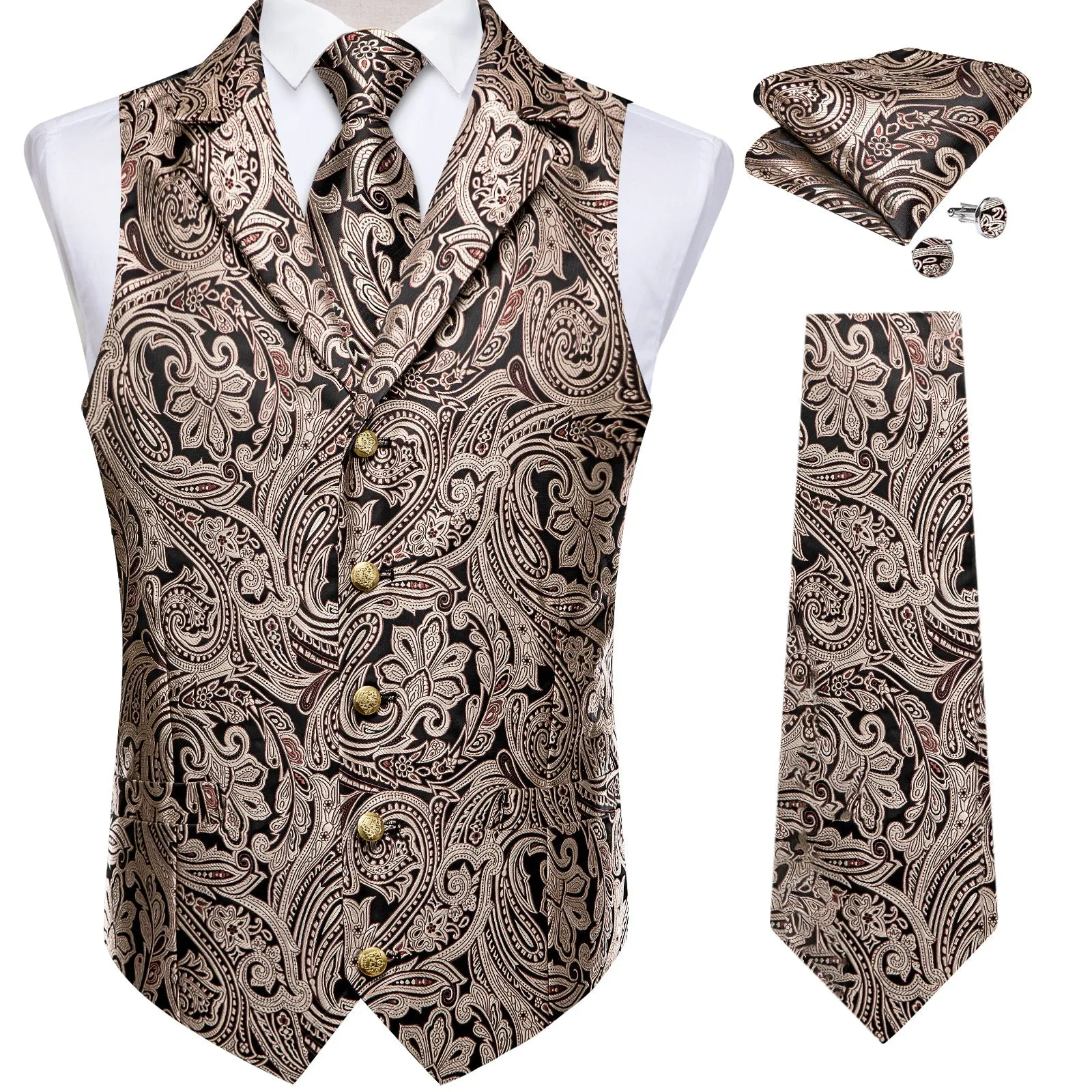 Black Gold Pink Floral Jacquard Luxury Men's Vest Tie Hanky Cufflinks Set