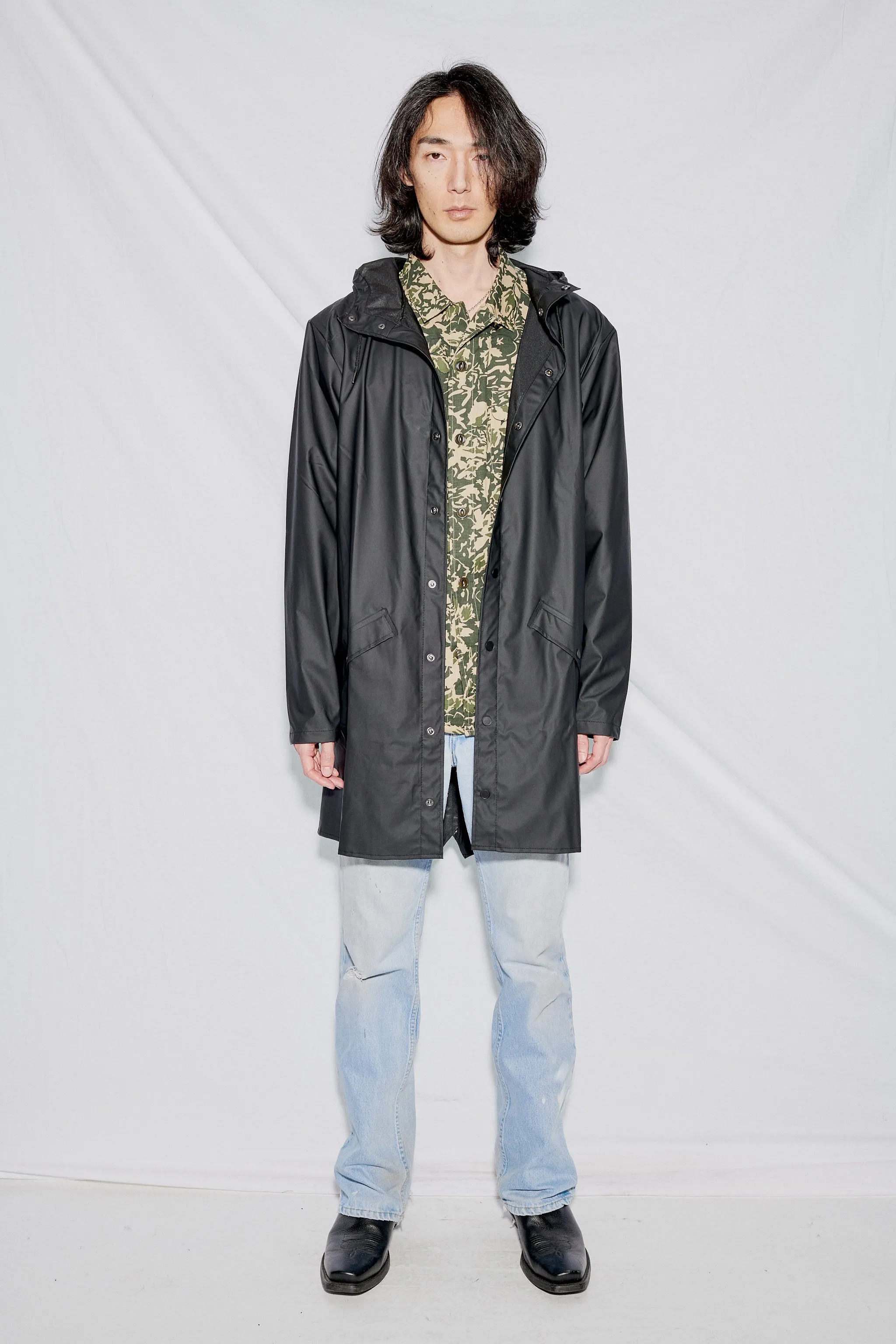 Black Hooded Rain Long Jacket