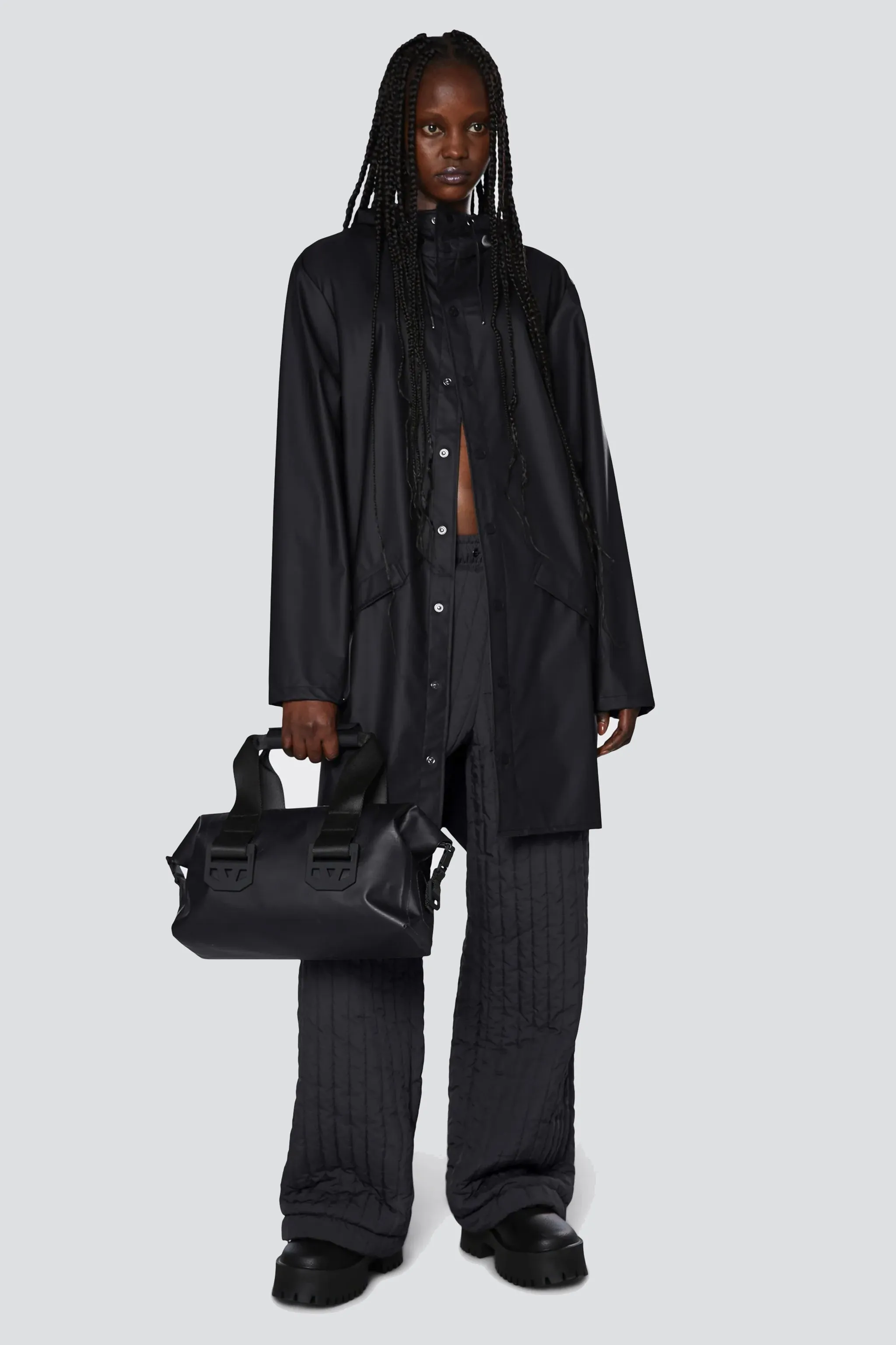 Black Hooded Rain Long Jacket